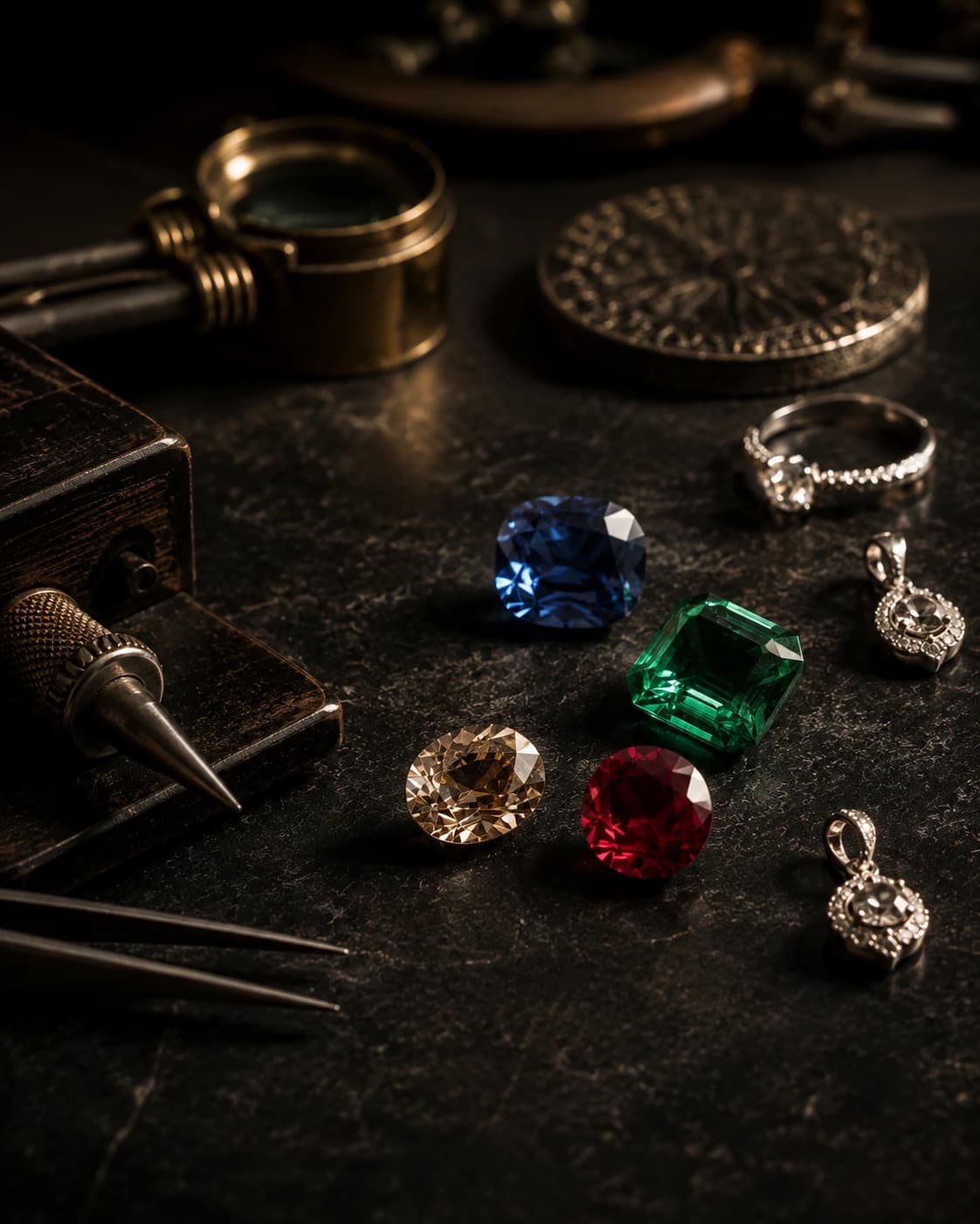 Natural coloured gemstones and fine jewellery arranged on a jeweller's workbench